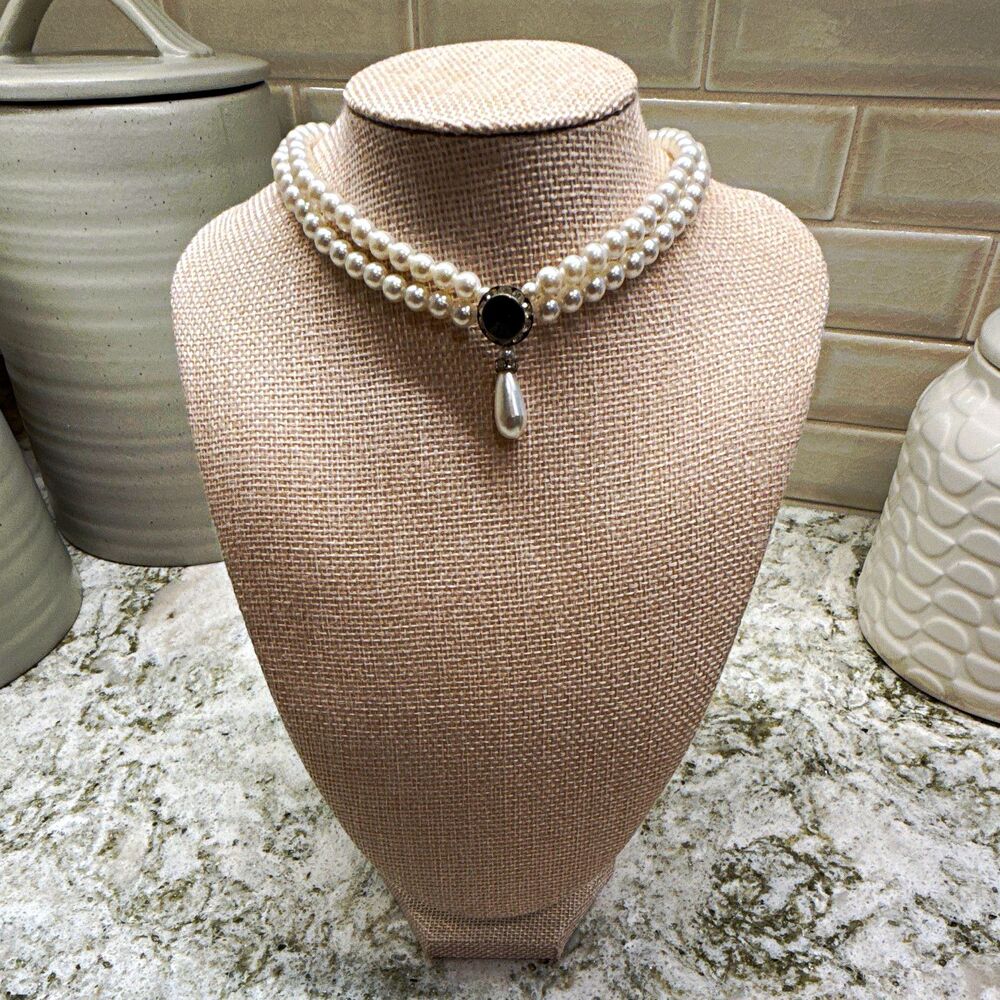 Vintage Double Strand Faux Pearl Choker Necklace Rhinestone Pendant drop